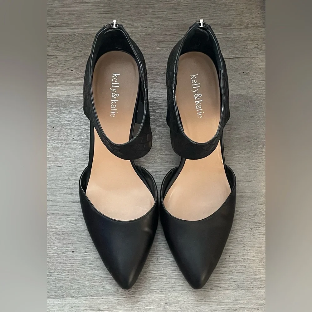 Black Pointed Toe Heels Size 10 Woven Ankle Strap Stiletto Pumps - Picture 1 of 8